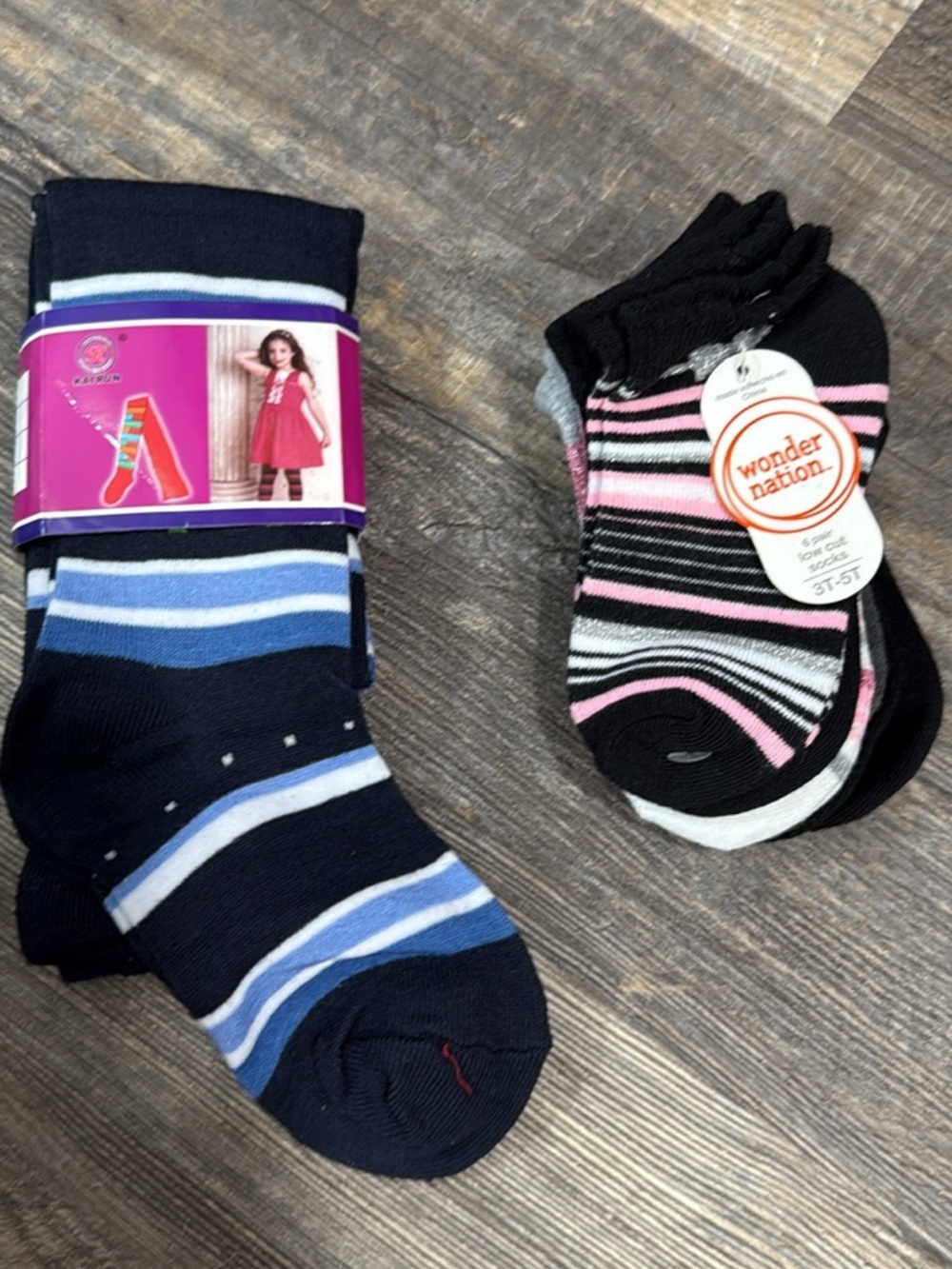 6 pairs wonder nation Black, Blue socks & 1 Pink Striped tight for girls
